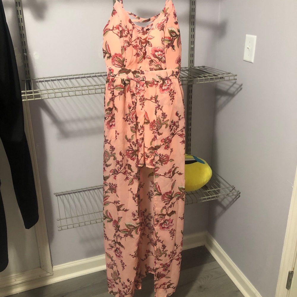 PINK FLORAL HIGH-LOW ROMPER WITH SHORTS ATTACHED